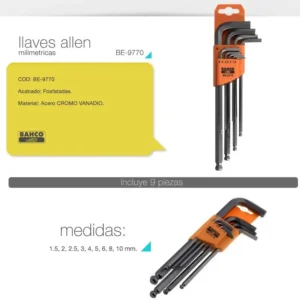 Set Bahco Be-9770 Llaves Allen 9 Pz Punta Esférica Milimétricas - Imagen 3